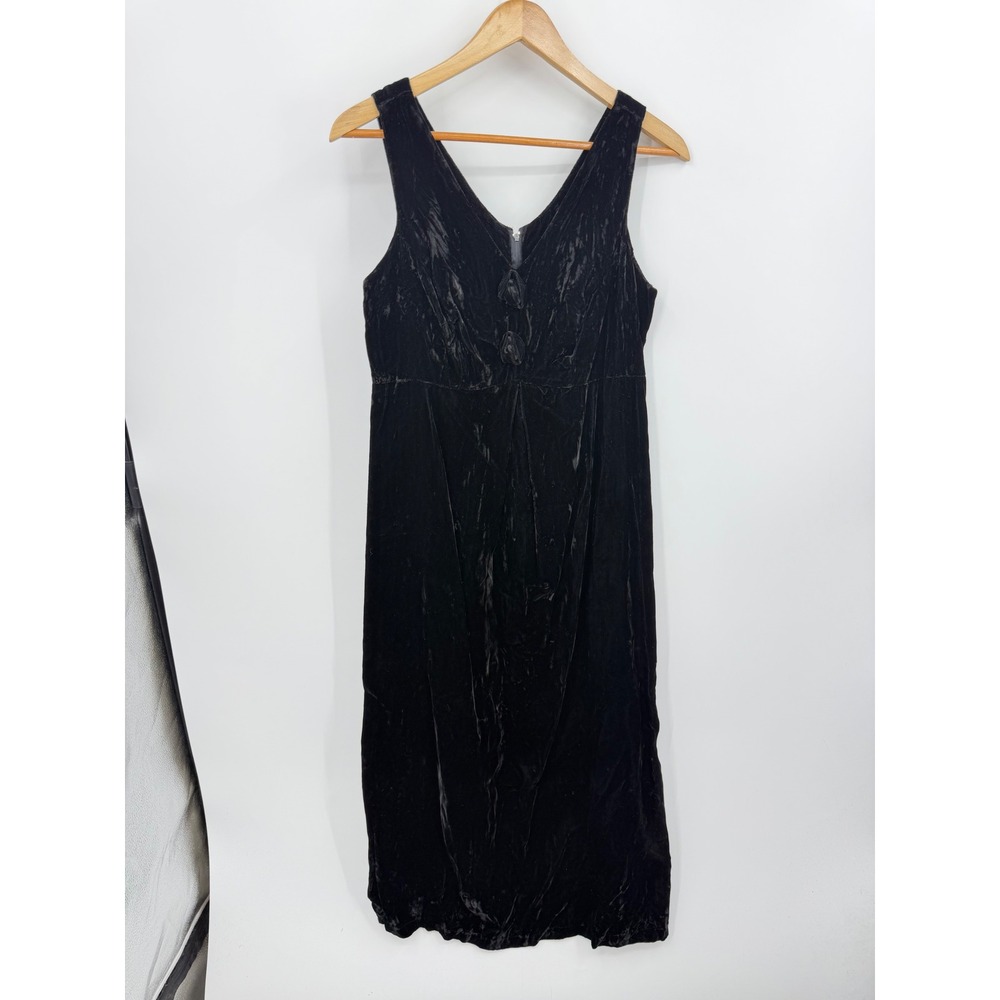 Basics Vintage Crushed Velvet Midi Dress Women Medium Black Rosette Made in USA
